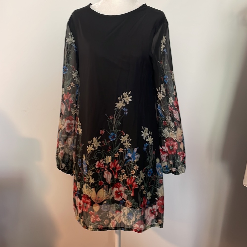 Vintage 70s Black Floral Chiffon Dress lined with Sheer Floral fabric on top